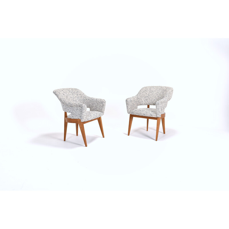 Pair of vintage Bridge armchairs in fabric and oak 1950