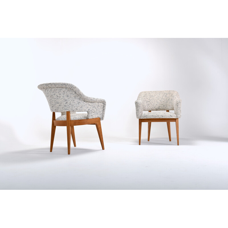 Pair of vintage Bridge armchairs in fabric and oak 1950