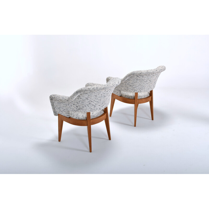 Pair of vintage Bridge armchairs in fabric and oak 1950