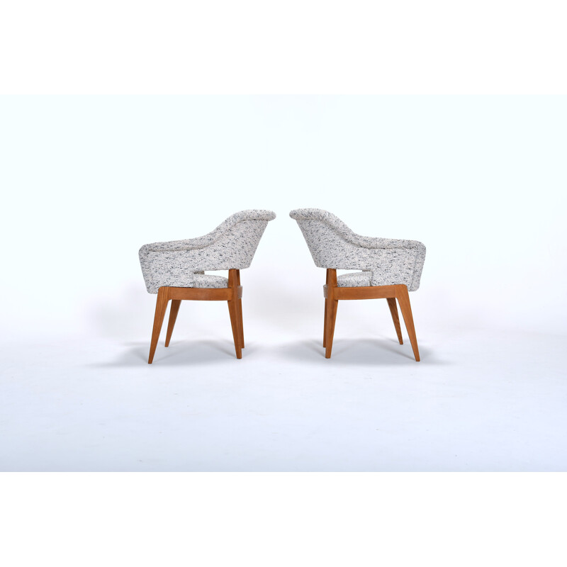 Pair of vintage Bridge armchairs in fabric and oak 1950