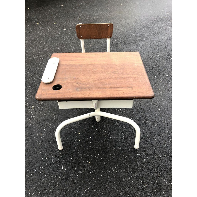 Vintage french desk for children in oak and metal