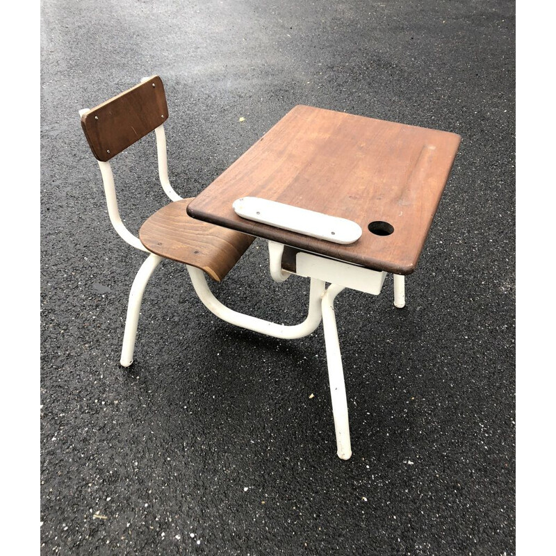 Vintage french desk for children in oak and metal