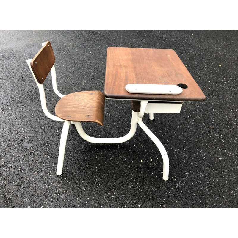 Vintage french desk for children in oak and metal