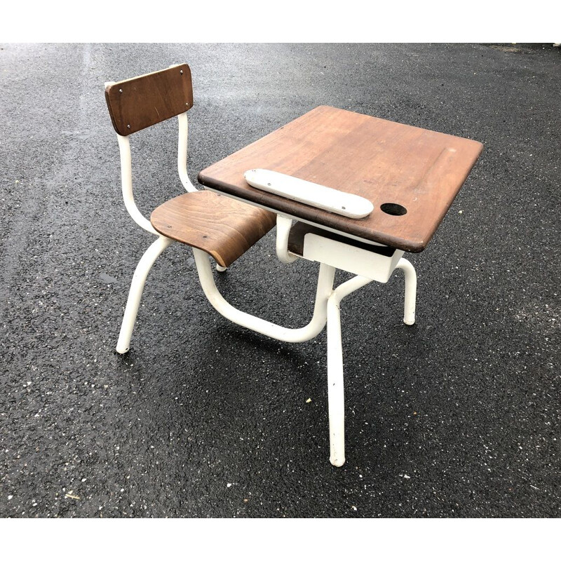 Vintage french desk for children in oak and metal