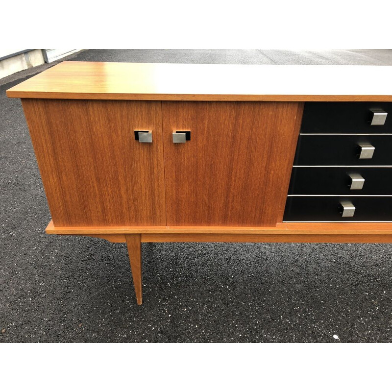 French vintage sideboard in wood and leatherette 1960