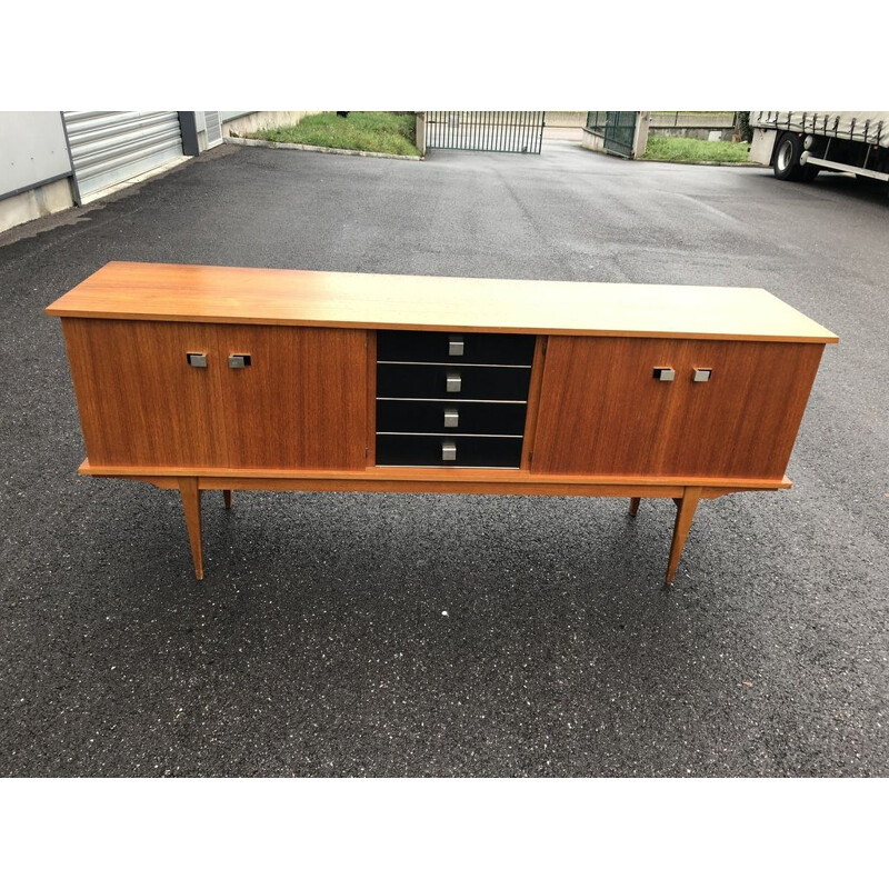 French vintage sideboard in wood and leatherette 1960