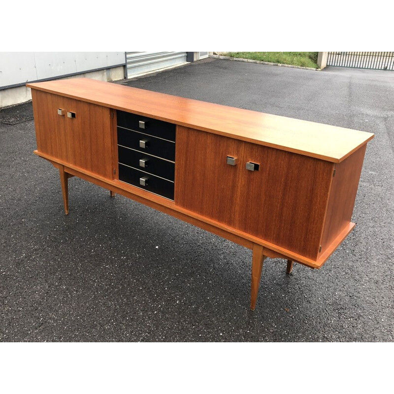 French vintage sideboard in wood and leatherette 1960