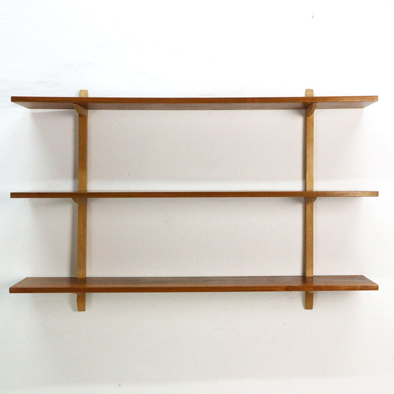 Vintage walnut and beech wall shelve from the 1950s