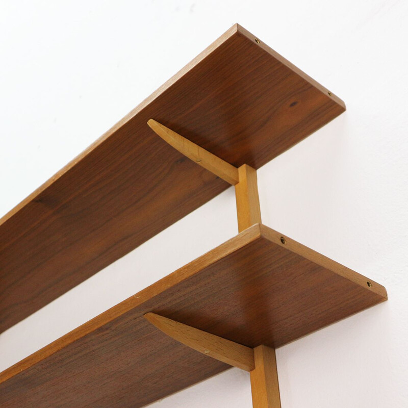 Vintage walnut and beech wall shelve from the 1950s