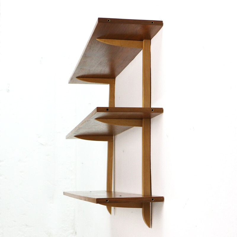 Vintage walnut and beech wall shelve from the 1950s