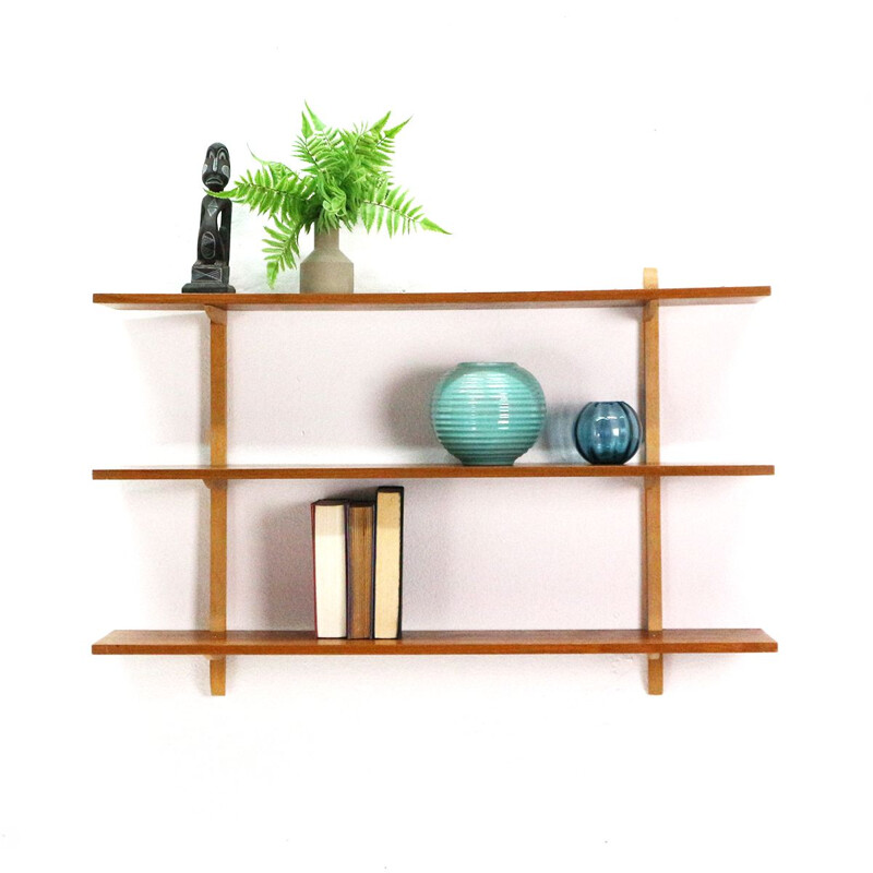 Vintage walnut and beech wall shelve from the 1950s