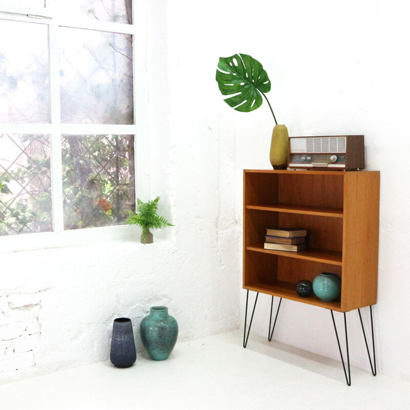 Vintage ashwood and steel bookshelf with hairpin legs 1950