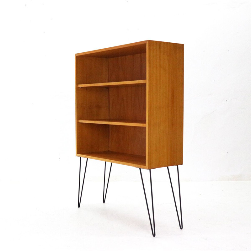 Vintage ashwood and steel bookshelf with hairpin legs 1950