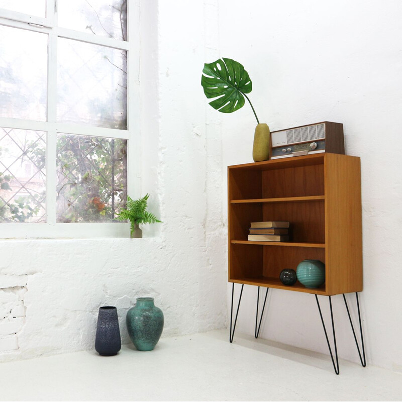 Vintage ashwood and steel bookshelf with hairpin legs 1950