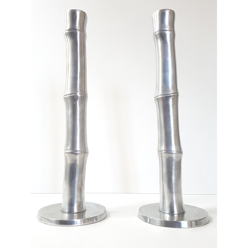 Pair of vintage french candlesticks in bamboo and steel