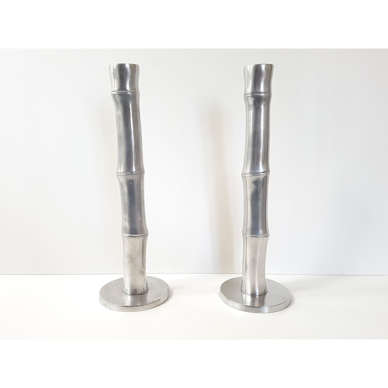 Pair of vintage french candlesticks in bamboo and steel