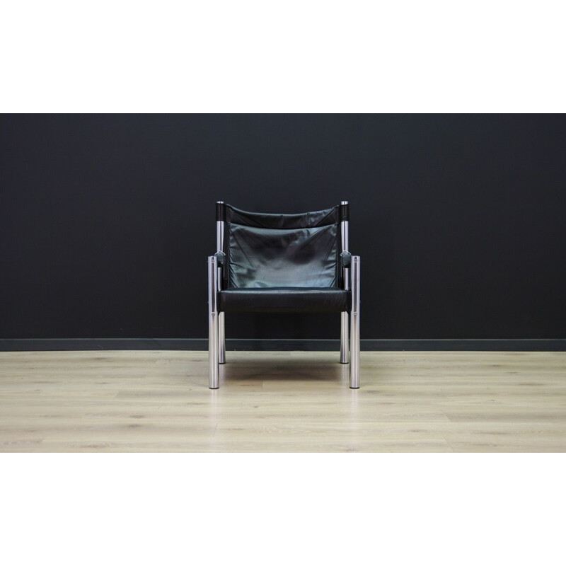 Vintage scandinavian black armchair in leather and metal