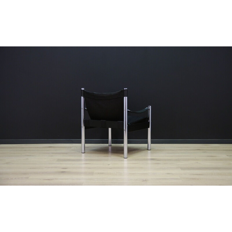 Vintage scandinavian black armchair in leather and metal