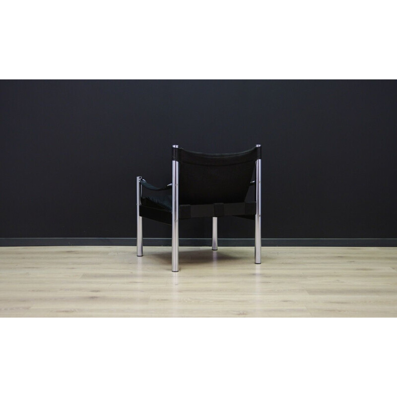 Vintage scandinavian black armchair in leather and metal