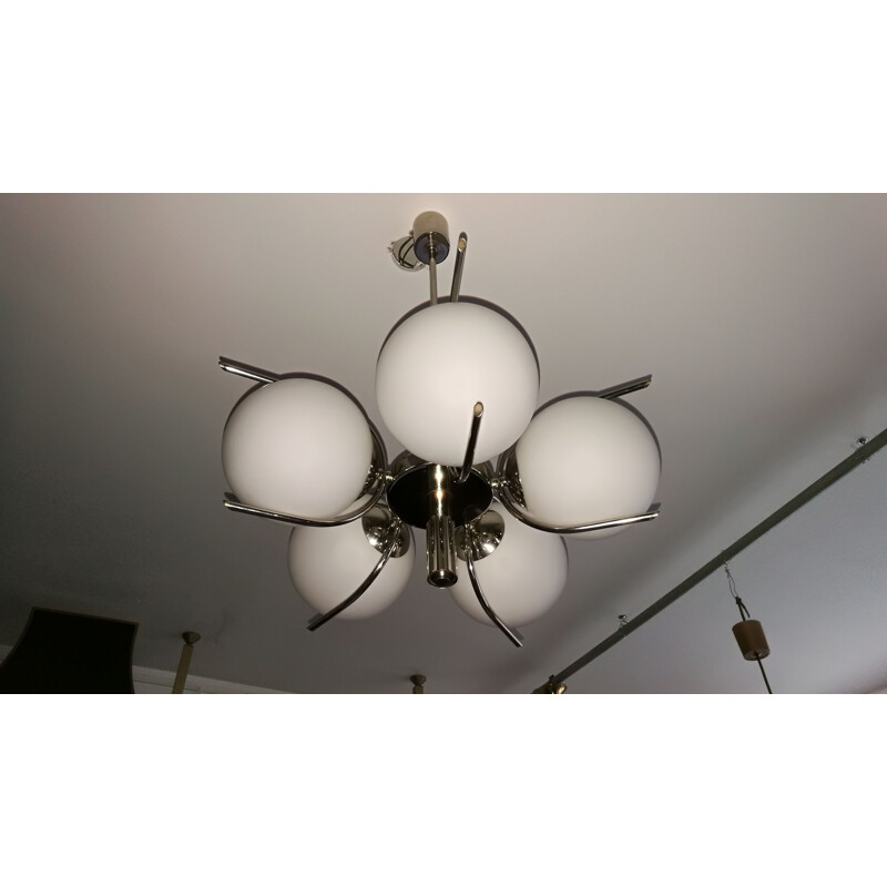 Vintage italian chandelier in opaline and silver 1970