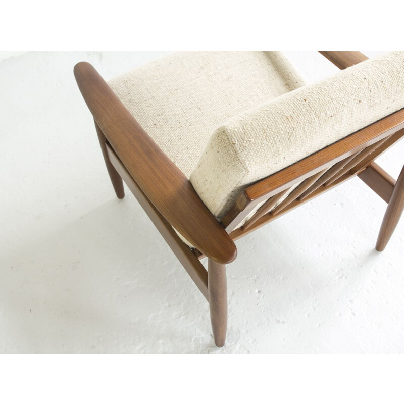 Fauteuil vintage danois en teck et tissu blanc 1960