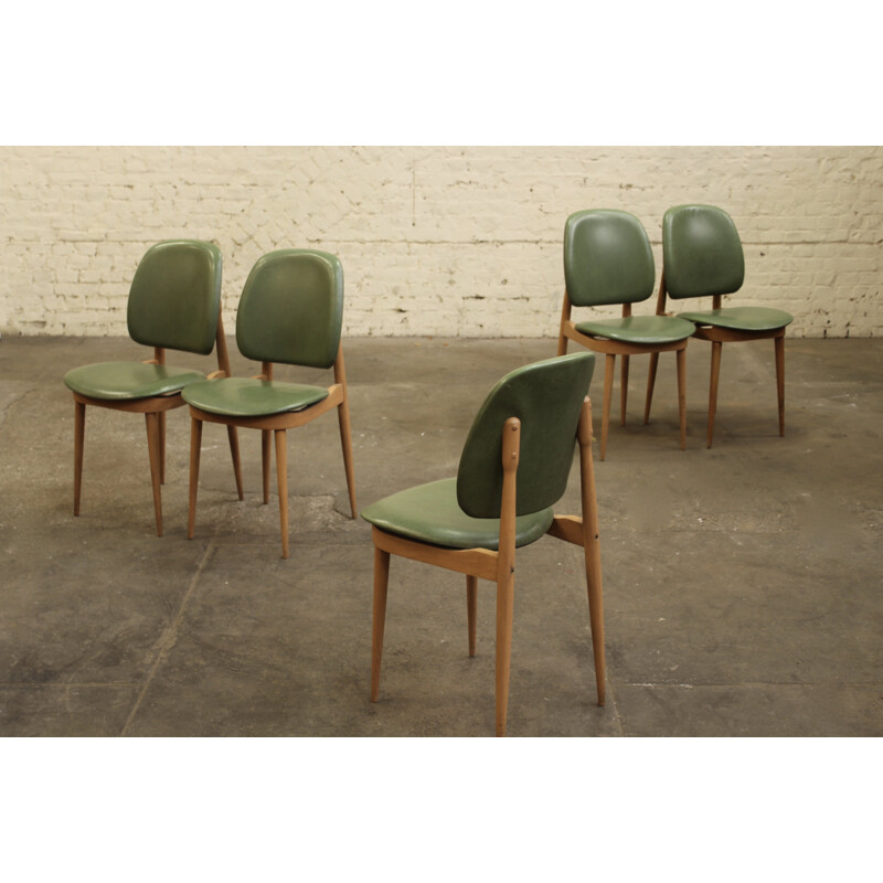 Set of 5 vintage Pegas chairs for Baumann in wood and leatherette