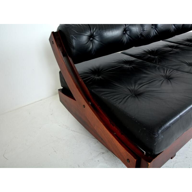 Canapé vintage GS 195 de Songia pour Sormani en cuir noir et palissandre