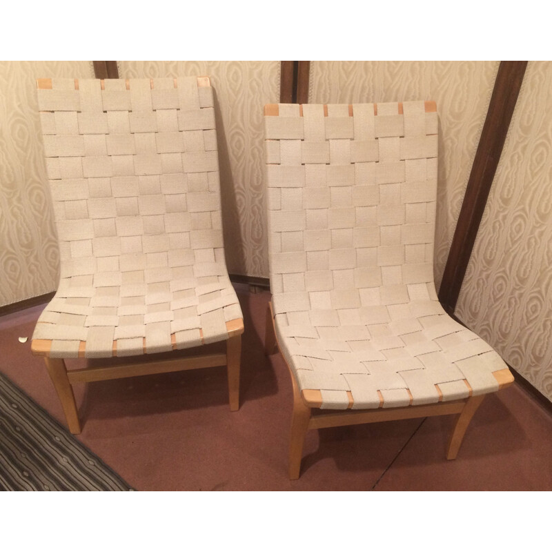 Pair of vintage Eva armchairs for Mathsson in birch and rope