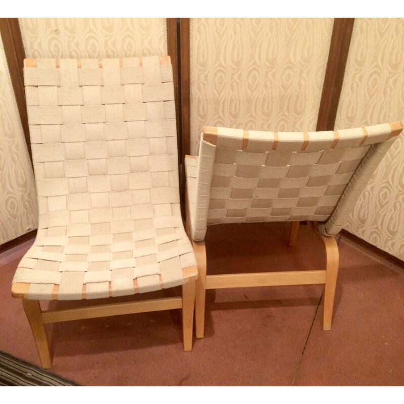 Pair of vintage Eva armchairs for Mathsson in birch and rope