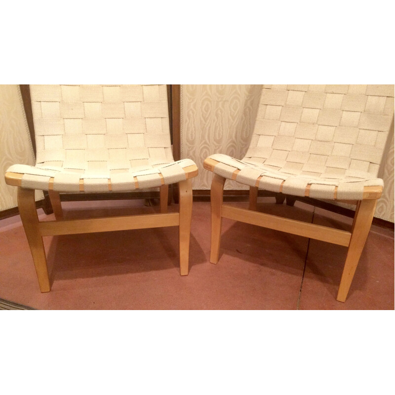 Pair of vintage Eva armchairs for Mathsson in birch and rope