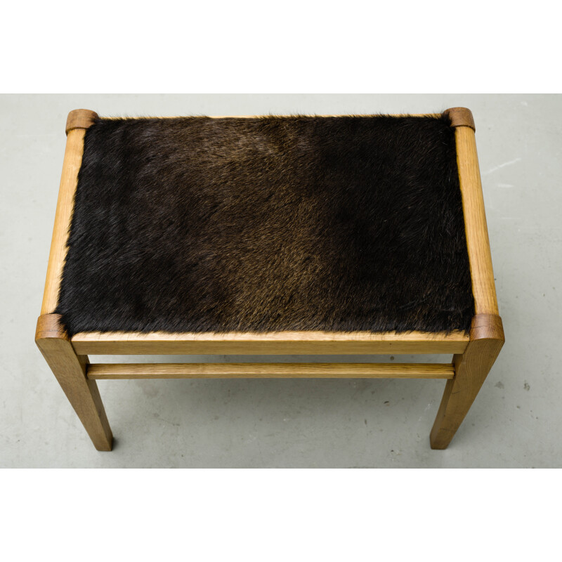 Vintage stool in wood and cow fur - 1950s