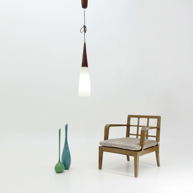 Vintage pendant lamp in teak and opaline glass