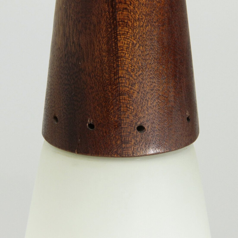 Vintage pendant lamp in teak and opaline glass