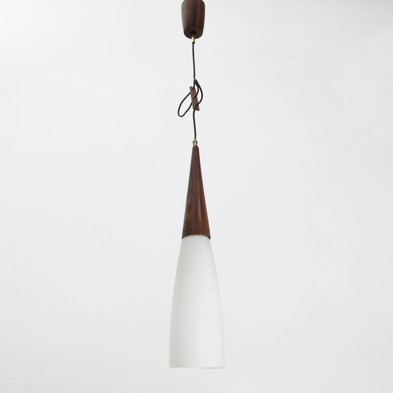 Vintage pendant lamp in teak and opaline glass