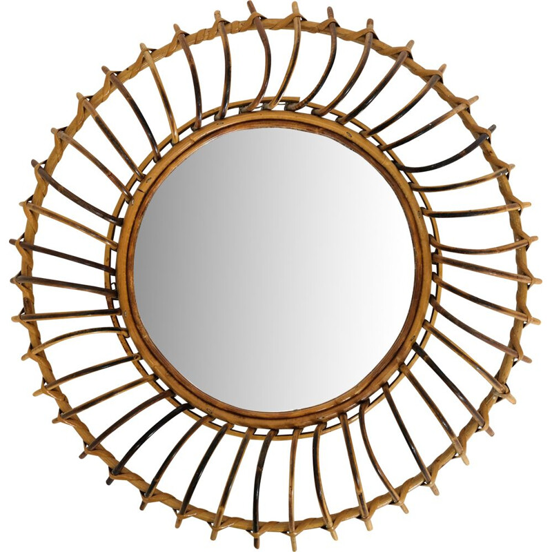 Vintage round mirror in rattan