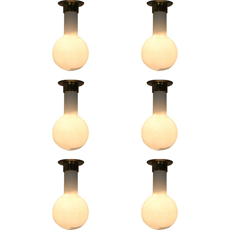 Set of 6 vintage pendants lights in glass and brass 1970s