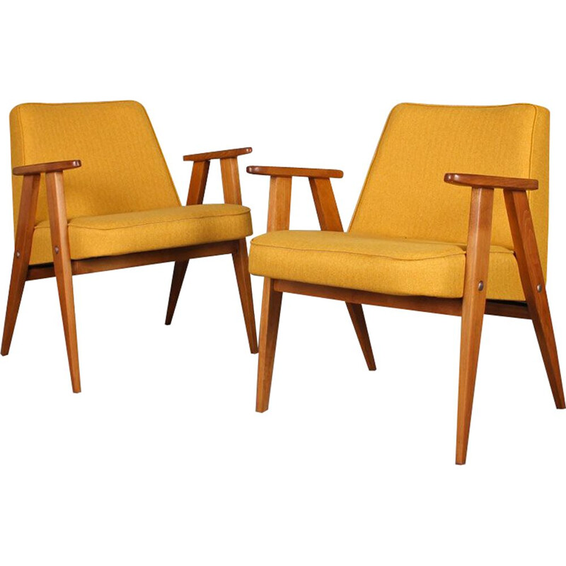 Paire de fauteuils vintage 366 jaunes par Jozef Chierowski
