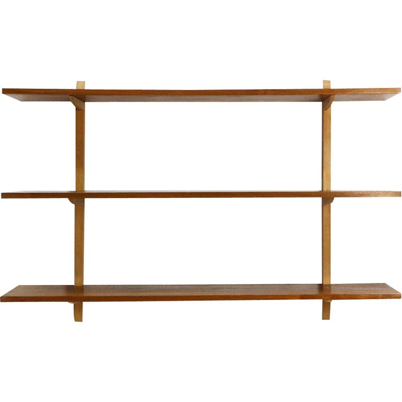 Vintage walnut and beech wall shelve from the 1950s