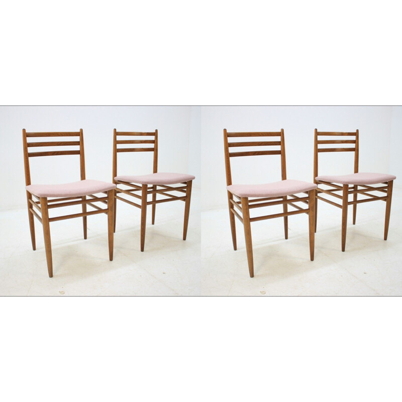 Suite aus 4 Vintage-Stühlen mit rosa Stoffbezug
