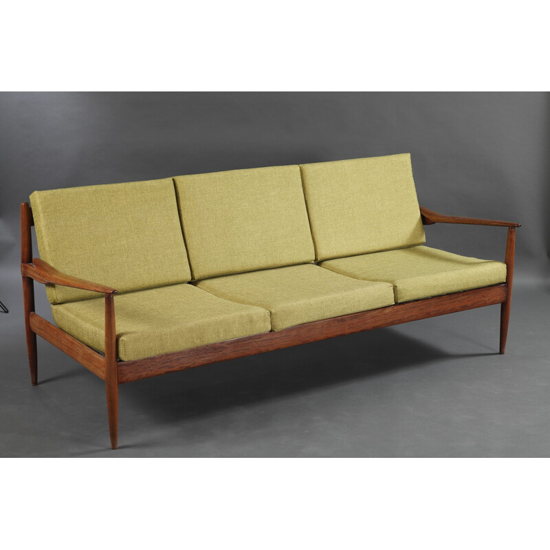 3 seater sofa in teak and green fabric, Grete JALK - 1950s