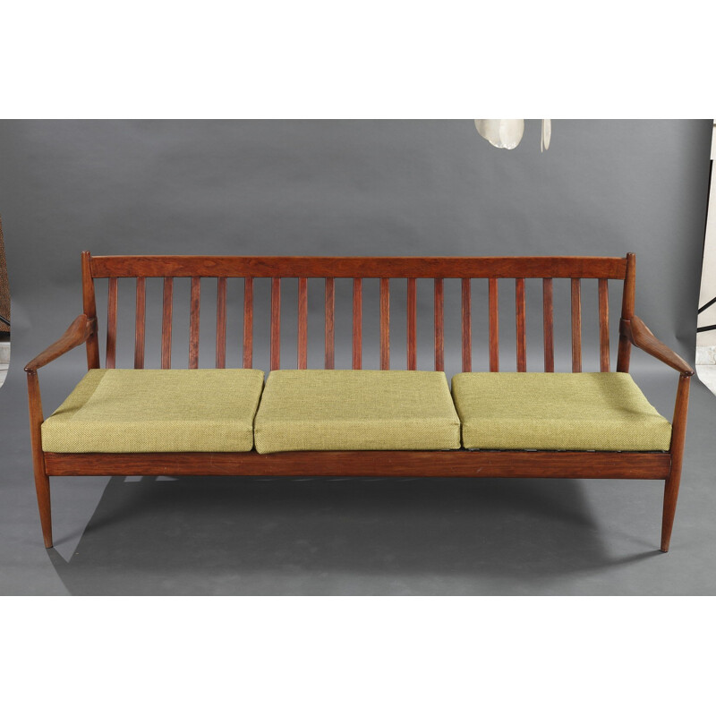3 seater sofa in teak and green fabric, Grete JALK - 1950s