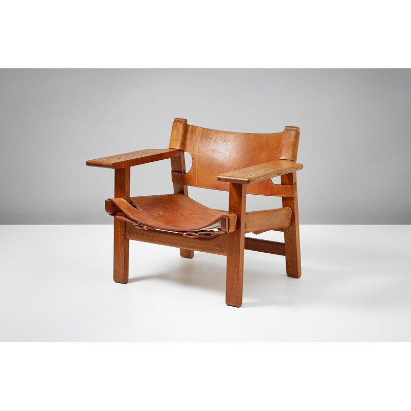 Vintage Spanish armchair in leather and oak by Borge Mogensen