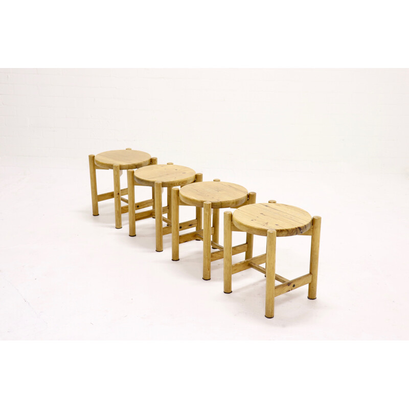 Set of 4 vintage Scandinavian stools in pine