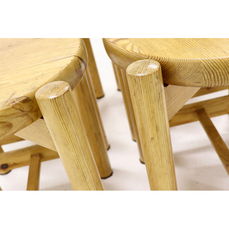 Set of 4 vintage Scandinavian stools in pine