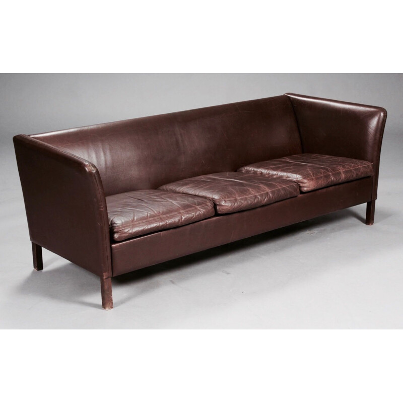 Vintage scandinavian sofa in wood and brown leather 1960