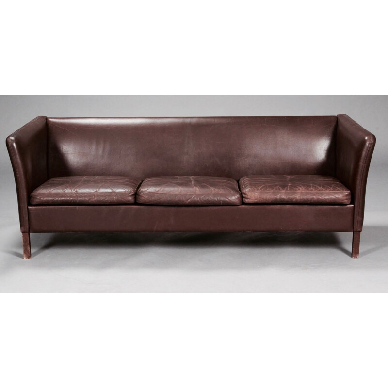 Vintage scandinavian sofa in wood and brown leather 1960