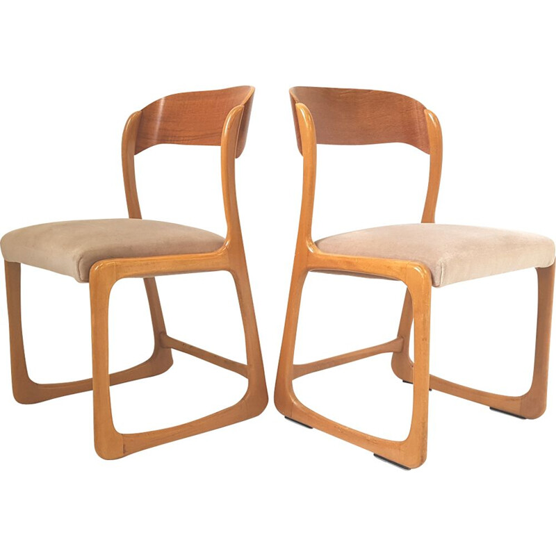 Pair of vintage Baumann sled chairs in beige velvet 1960