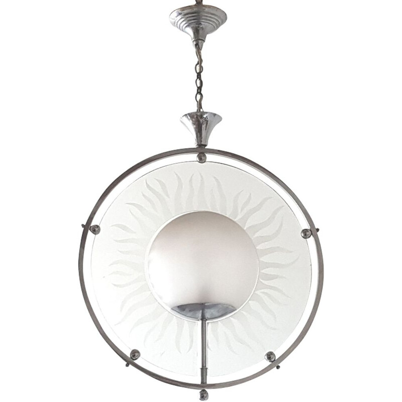 French vintage chandelier in glass and steel 1930