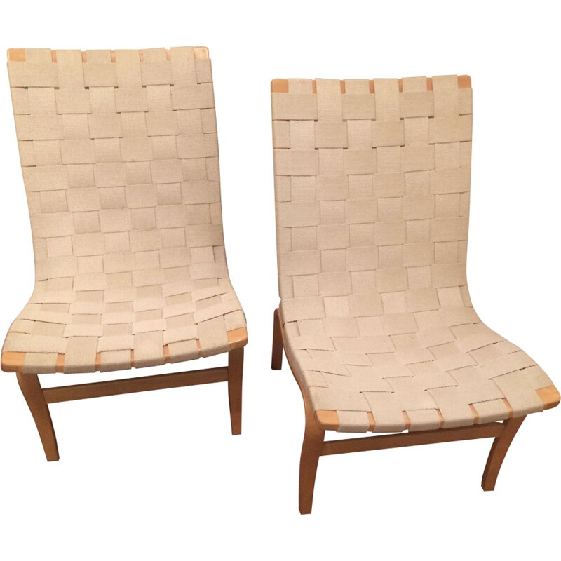 Pair of vintage Eva armchairs for Mathsson in birch and rope