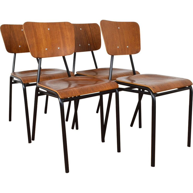 Set of 4 Danish school chairs in teak